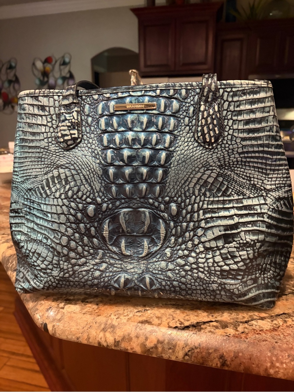 Brahmin Teal-Blue Croc-Embossed Leather Tote